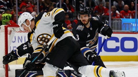 Boston Bruins forward Morgan Geekie, Washington Capitals defenseman Matt Roy