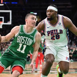 Boston Celtics guard Payton Pritchard, Philadelphia 76ers forward Guerschon Yabusele