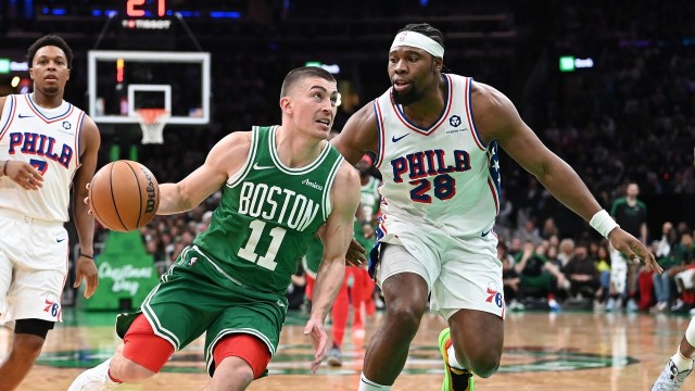 Boston Celtics guard Payton Pritchard, Philadelphia 76ers forward Guerschon Yabusele