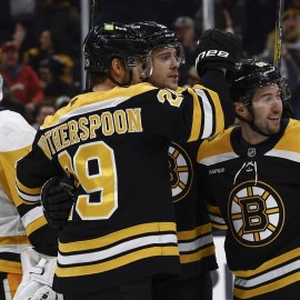 Boston Bruins forwards Tyler Johnson, Charlie Coyle, defenseman Parker Wotherspoon