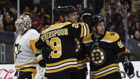 Boston Bruins forwards Tyler Johnson, Charlie Coyle, defenseman Parker Wotherspoon