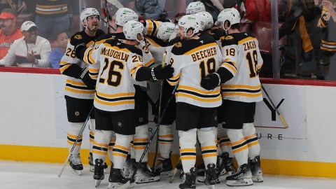 Boston Bruins celebrate on ice.