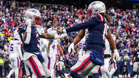 New England Patriots wide receiver DeMario Douglas and quarterback Joe Milton III