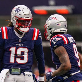 New England Patriots quarterback Joe Milton III and wide receiver Kayshon Boutte