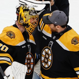 Boston Bruins goaltenders Joonas Korpisalo and Jeremy Swayman