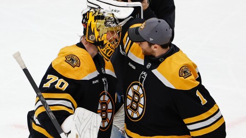 Boston Bruins goaltenders Joonas Korpisalo and Jeremy Swayman