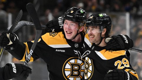 Boston Bruins defensemen Mason Lohrei and Parker Wotherspoon