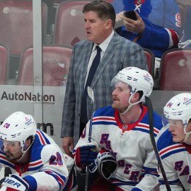 New York Rangers on the bench with Head Coach Peter Laviolette