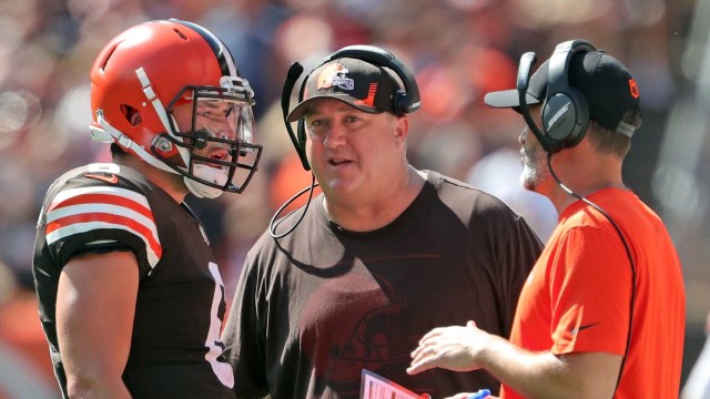 New England Patriots offensive coordinator Alex Van Pelt, Tampa Bay Buccaneers quarterback Baker Mayfield, Cleveland Browns head coach Kevin Stefanski