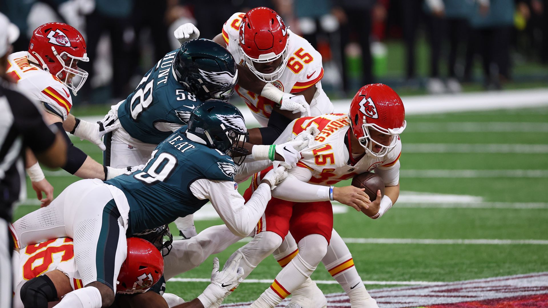 Philadelphia Eagles defensive end Josh Sweat and Kansas City Chiefs quarterback Patrick Mahomes