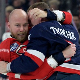 Team Canada forward Sam Bennett and Team USA forward Brady Tkachuk